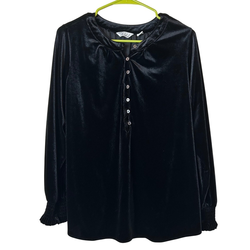 Caffe Marrakesh Witchy Goth Velvet Flowy Button Front Smocked Cuff Black Top M